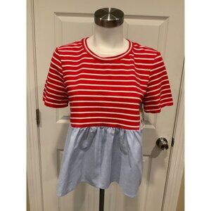 by Anthropologie Red & White Striped Shirt W/ Solid Blue Hem, Size Small
